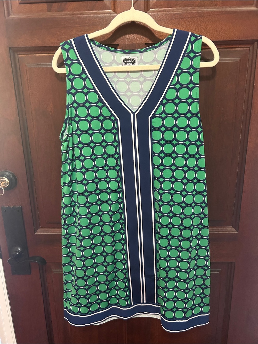 Mud Pie Green and Navy Geometric V-Neck Midi Dress